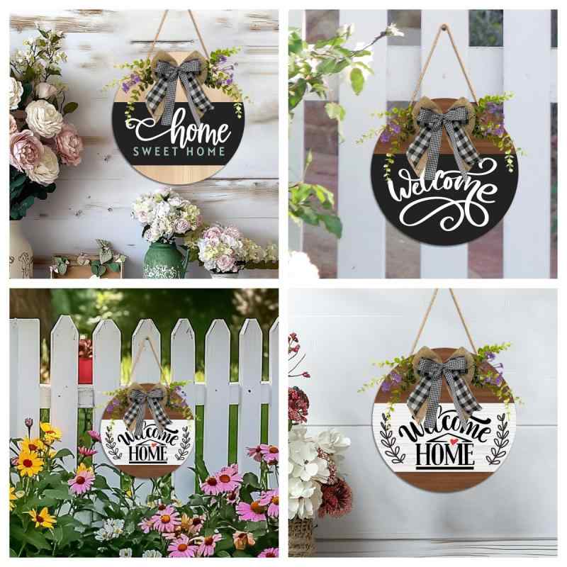 ウォールデコレーション 玄関 リビング 寝室 歓迎ホーム 木製プレート フェイクグリーン付き 壁掛け サインボード インテリア おしゃれ ナチュラル モダン 部屋飾り(x2)