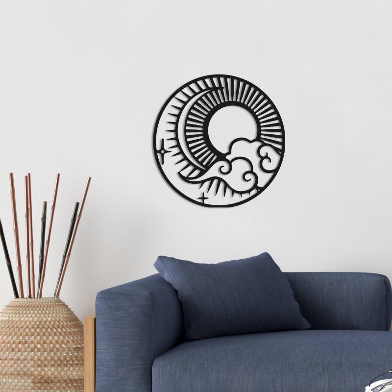 ウォールデコ 3D立体 北欧風 太陽と月 壁飾り 寝室 リビング 玄関 ソファ背景 オブジェ インテリア おしゃれ モダン 金属製 黒