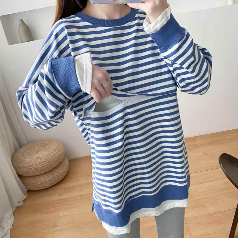 マタニティウェア レディース 授乳服 春秋物 ストライプ ボーダー スウェット トレーナー トップス 薄..