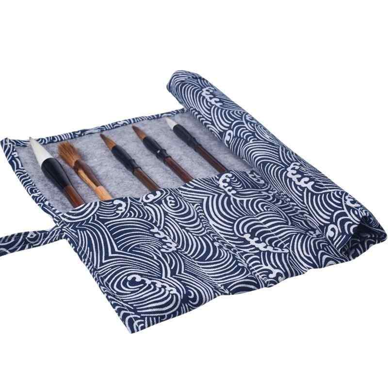 筆巻き 男女兼用 書道 筆入れ ロールペンケース 中国風 刺繡風 麻素材 大容量 シンプル ナチュラル 波 ..