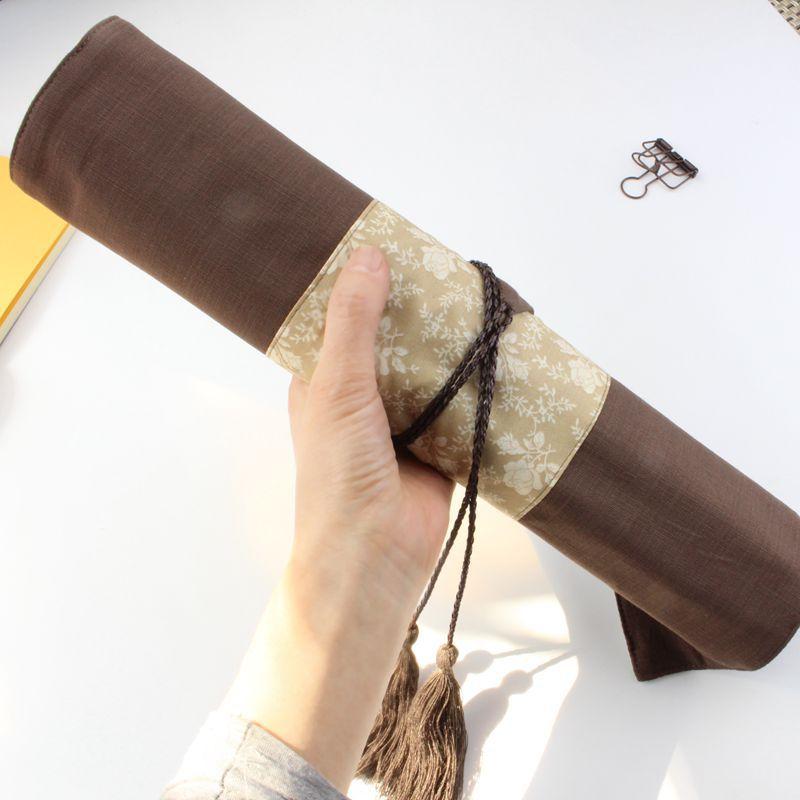 筆巻き 書道用品 文房四宝 帆布製 布製 竹製 ロールペンケース 書道筆 持ち運び 携帯 収納 整理 保護