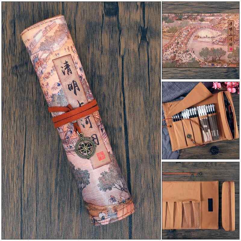 ペンケース 男女兼用 小中学生 ロールタイプ 筆箱 大容量 筆巻き 文具ケース 中国風 レトロ アンティー..