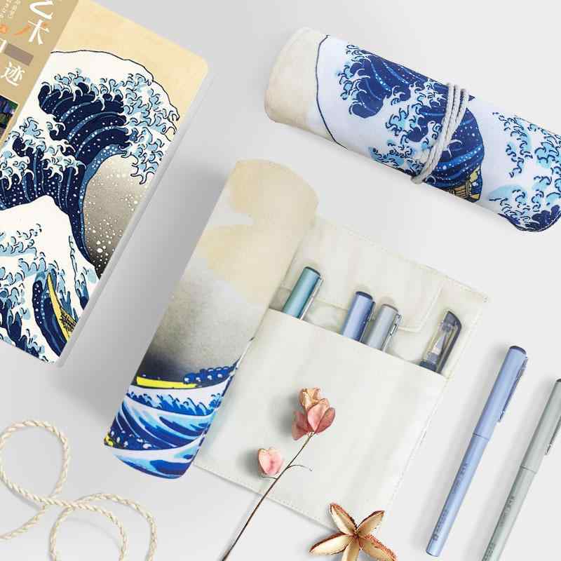 ペンケース 男女兼用 葛飾北斎 神奈川沖浪裏 浮世絵柄 ロールペンケース 筆巻き ポリエステル 綿 キャ..