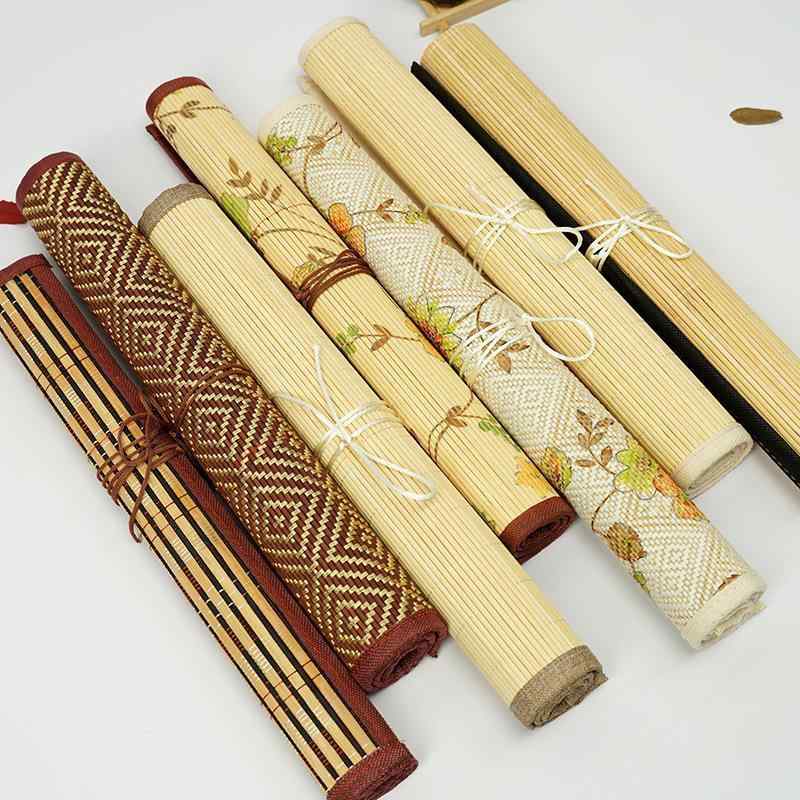 筆巻き 学生用 和風 レトロ 竹製 竹編み 書道筆用 ロールペンケース 帆布 キャンバス 巻き型 文房具収納