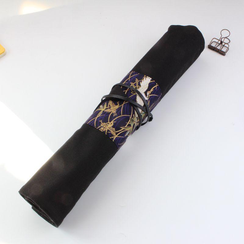 筆巻き 男女兼用 ホットスタンピング 金押し 鶴柄 10本収納 帆布製 ロールアップケース 書道 絵画 美術..