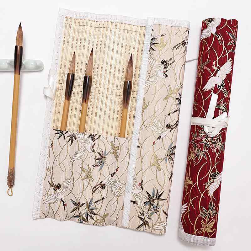 筆巻き 学生用 書道 習字 筆入れ ロールペンケース 巻き型 帆布 キャンバス フェルト 竹製 ポケット付..