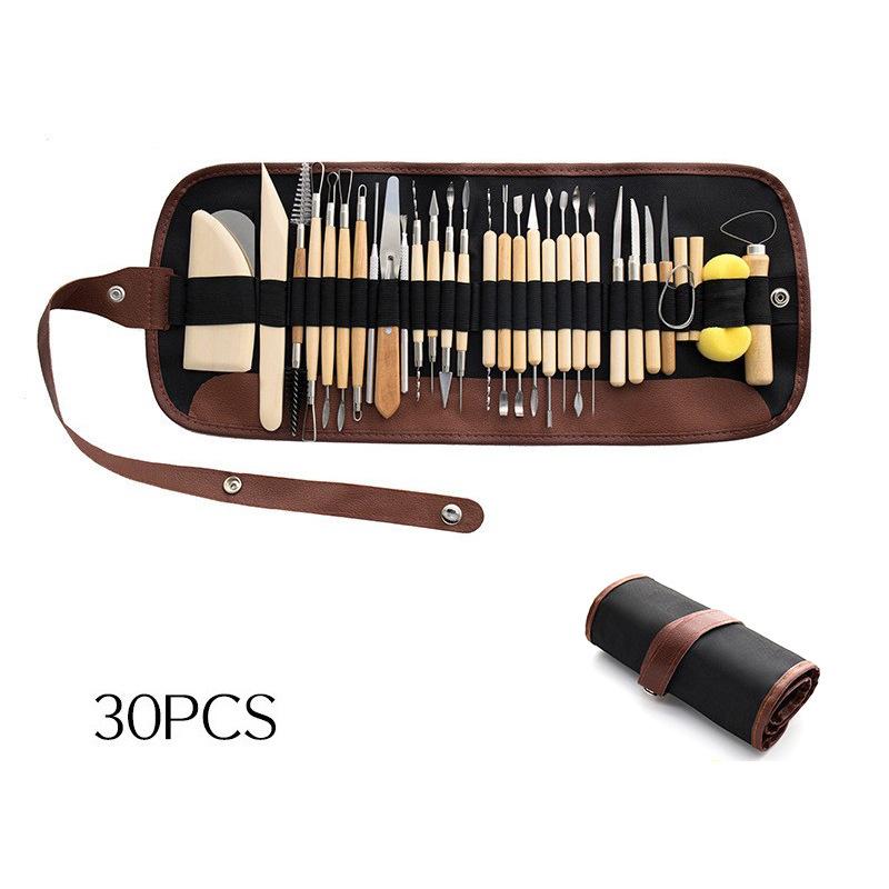 陶芸工具 粘土細工 石塑粘土 軟陶 モデリング 彫刻 ヘラ ディテール針 DIY クラフト 初心者 プロ 多機能 30点セット 木製 金属製 スポンジ付き