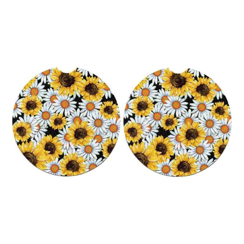 カー用品 カップホルダーマット 車内 ドリンクホルダー 滑り止め ノンスリップ ポリエステル 植物 菊柄..