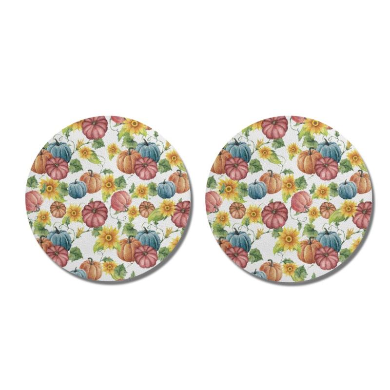 カーカップホルダーマット パンプキン柄 感謝祭 ハロウィン PUレザー 合成皮革 ペアセット 2枚組 車用 ドリンクホルダーマット 車内アクセサリー 秋冬