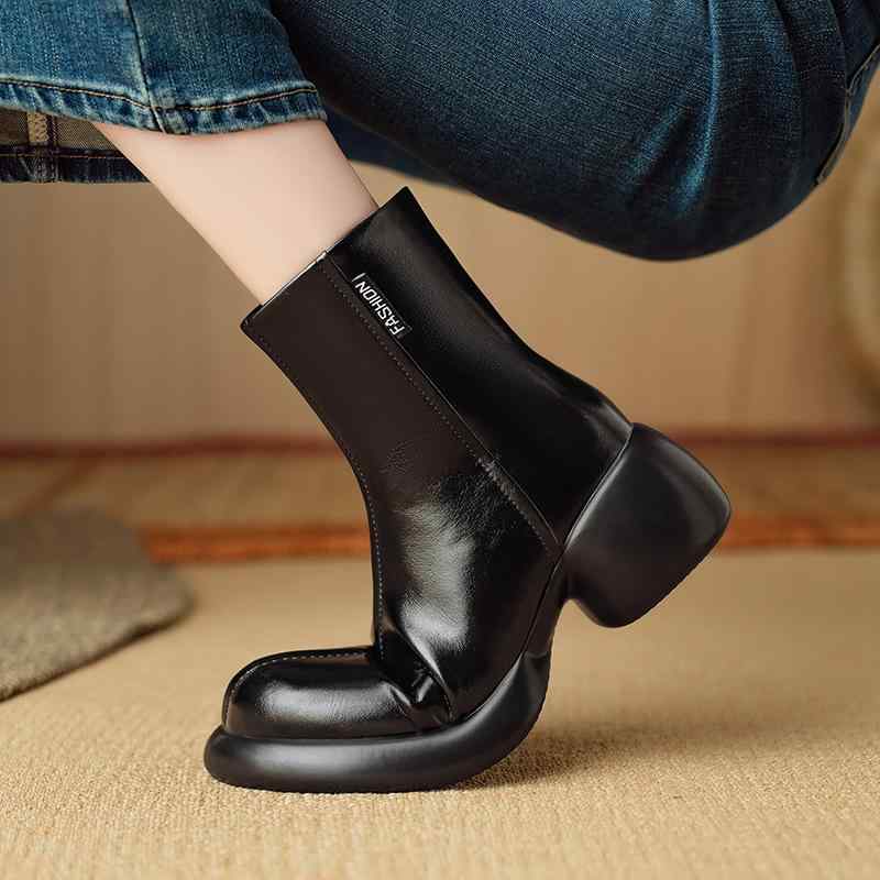 ショートブーツ レディース 厚底 チャンキーヒール カジュアル 合成皮革 ラウンドトゥ バックジップ 起毛裏地 秋冬 大きいサイズ 小さいサイズ ブラック ブラウン