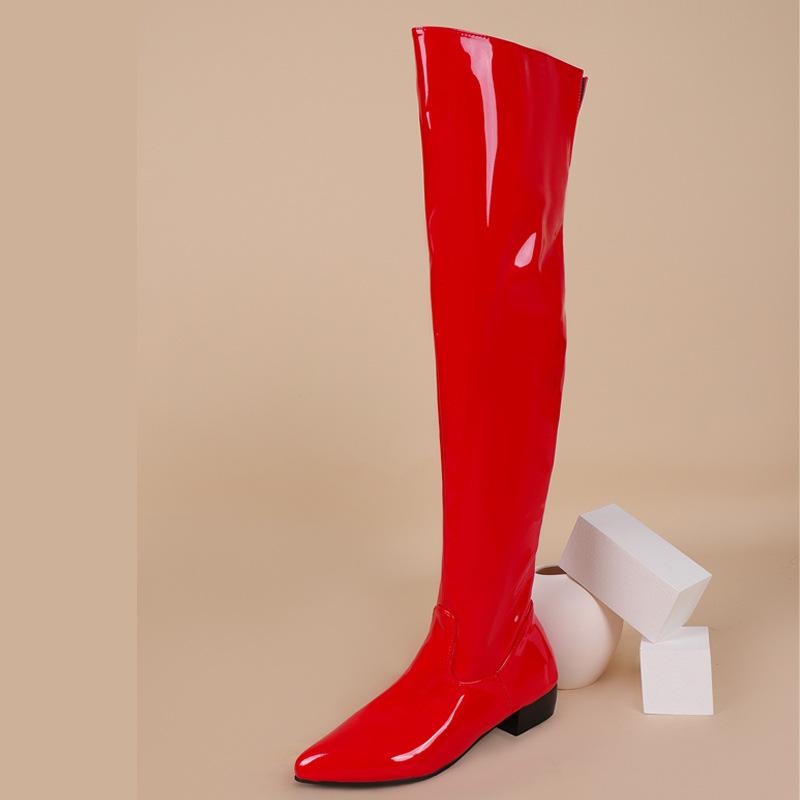 ブーツ レディース 大きいサイズ ロングブーツ ニーハイブーツ ポインテッドトゥ ローヒール 太ヒール フェイクレザー 裏起毛 サイドジップ 欧米風 秋冬 普段使い 歩きやすい