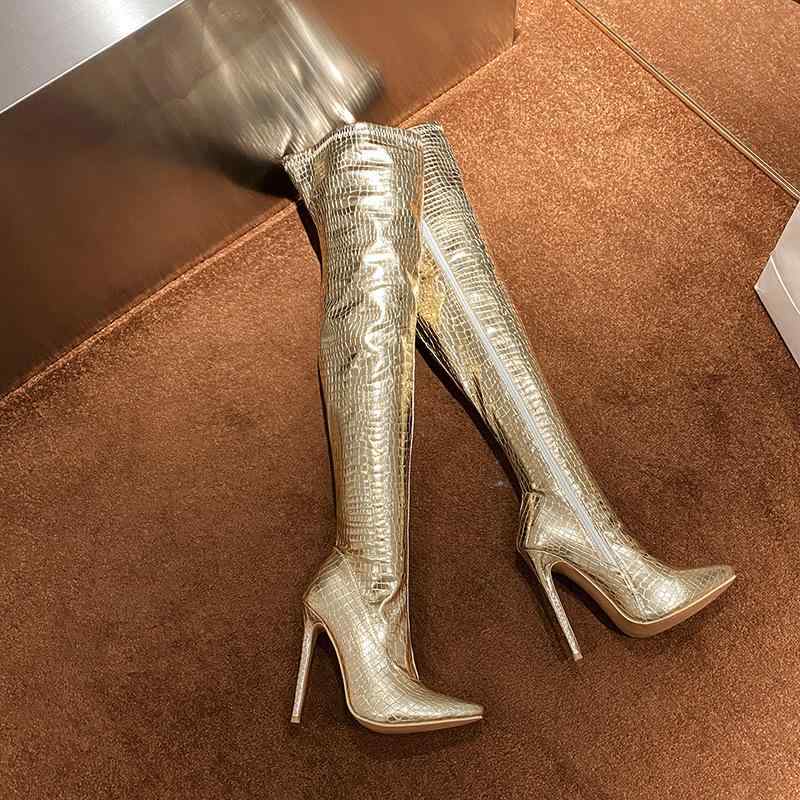 ブーツ レディース 大きいサイズ 女性用 欧米風 ポインテッドトゥ スティレットヒール 8cmヒール ニーハイブーツ ゴールド PUレザー サイドジップ ショートボア裏地 人工ファーインソール 秋冬春