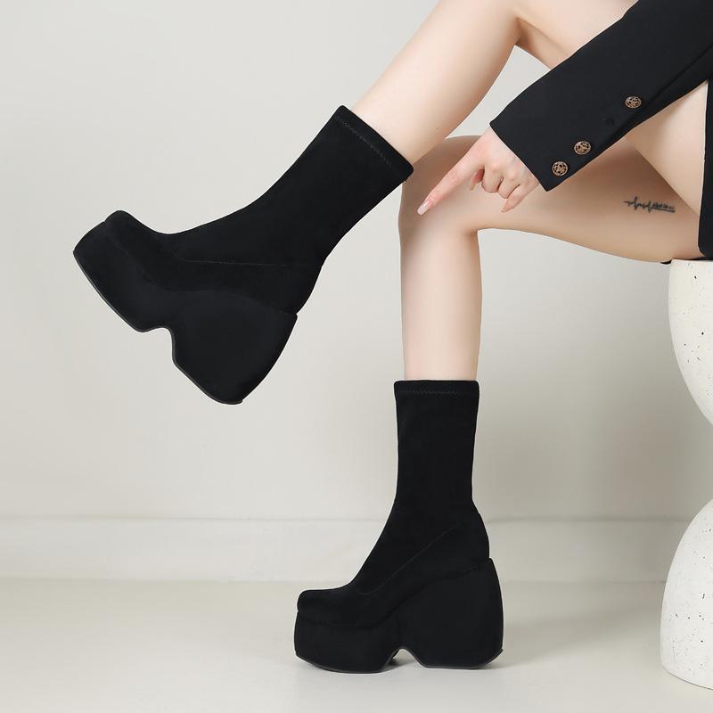 ショートブーツ レディース 女性用 大きいサイズ 厚底 ハイヒール ストレッチ スキニーブーツ 秋冬 フェイクファー 暖か ラウンドトゥ ウェッジソール スエード調 カジュアル 普段使い