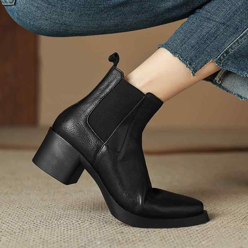 ブーツ レディース チェルシーブーツ ショートブーツ アンクルブーツ 大きいサイズ 厚底 プラットフォーム チャンキーヒール 太ヒール ラウンドトゥ 牛革 本革 レザー 切り替え フェイクファー裏地 通勤 オフィス カジュアル 秋冬 ブラック ブラウン