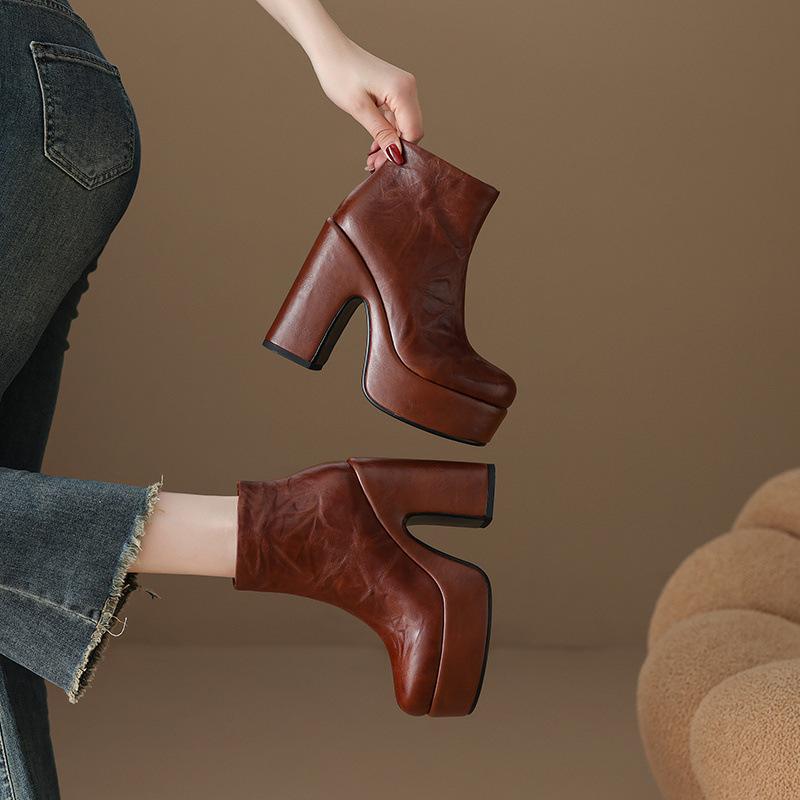 ショートブーツ レディース 厚底 12cm ハイヒール 太ヒール チャンキーヒール 牛革 本革 シボ加工 ラウンドトゥ サイドジッパー 秋冬 通勤 オフィス 普段使い ブラック ブラウン