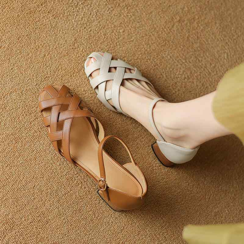 サンダル レディース ローマサンダル トゥキャップ 太ヒール ミドルヒール ストラップ バックル 本革 ..