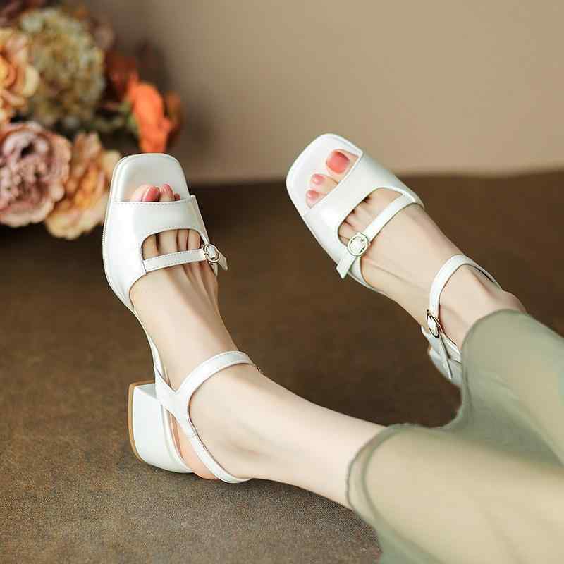 サンダル レディース 春夏 オープントゥ ミドルヒール 太ヒール ワンストラップ バックル付き 大きいサ..