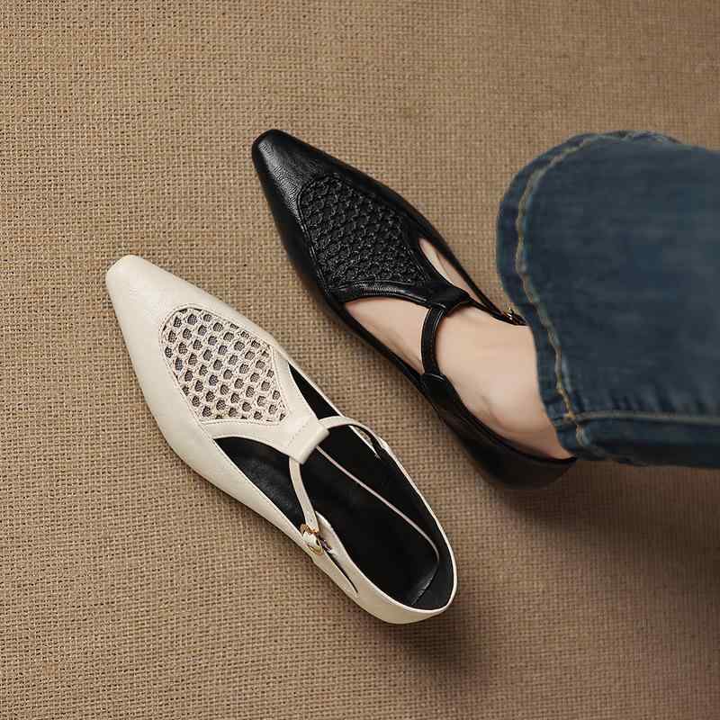 パンプス レディース 32～43サイズ 大きいサイズ 編み込み メッシュ レトロ Tストラップ メリージェーン 太ヒール チャンキーヒール 甲浅 ポインテッドトゥ PUレザー 女性用 靴 ブラック アイボリー