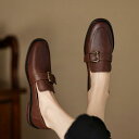 パンプス レディース 大きいサイズ 牛革 レザー フラットシューズ 革靴 ラウンドトゥ ベルトバックル 太ヒール チャンキーヒール スリッポン シンプル 本革 ...