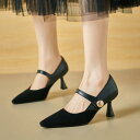 靴 パンプス レディース 大きいサイズ ポインテッドトゥ メリージェーン バックル 高めチャンキーヒール 上品 切り替え PUレザー 韓流スタイル 春秋 ブラッ...