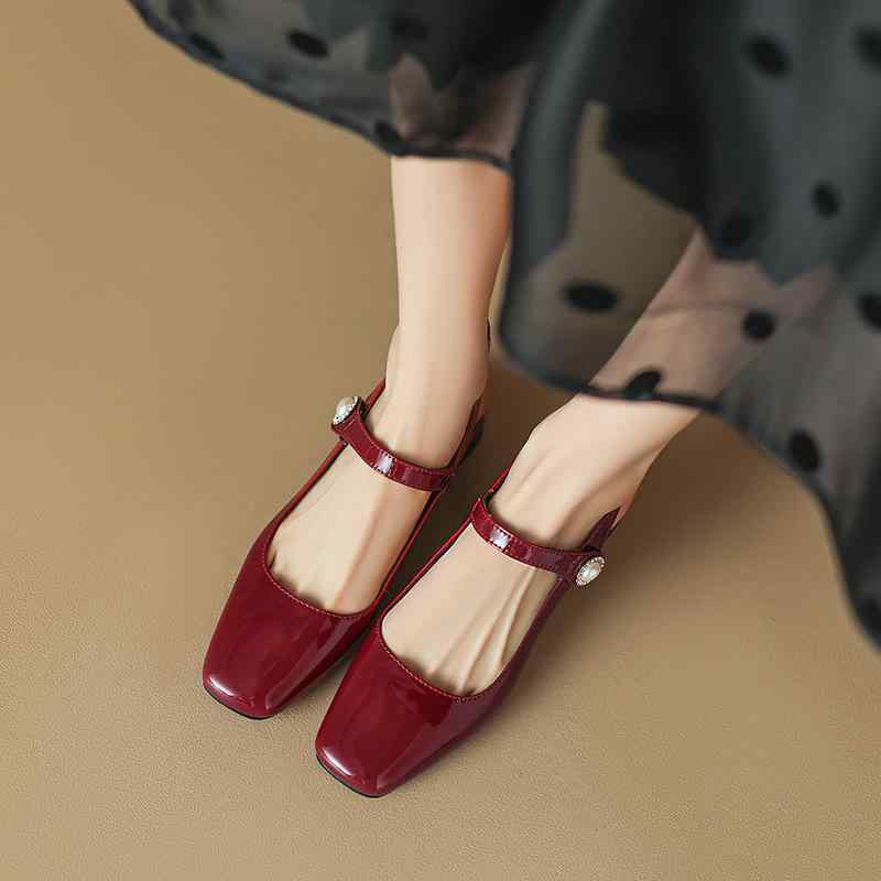 靴 バックストラップパンプス レディース スクエアトゥ ローカット ワンストラップ バックル チャンキ..