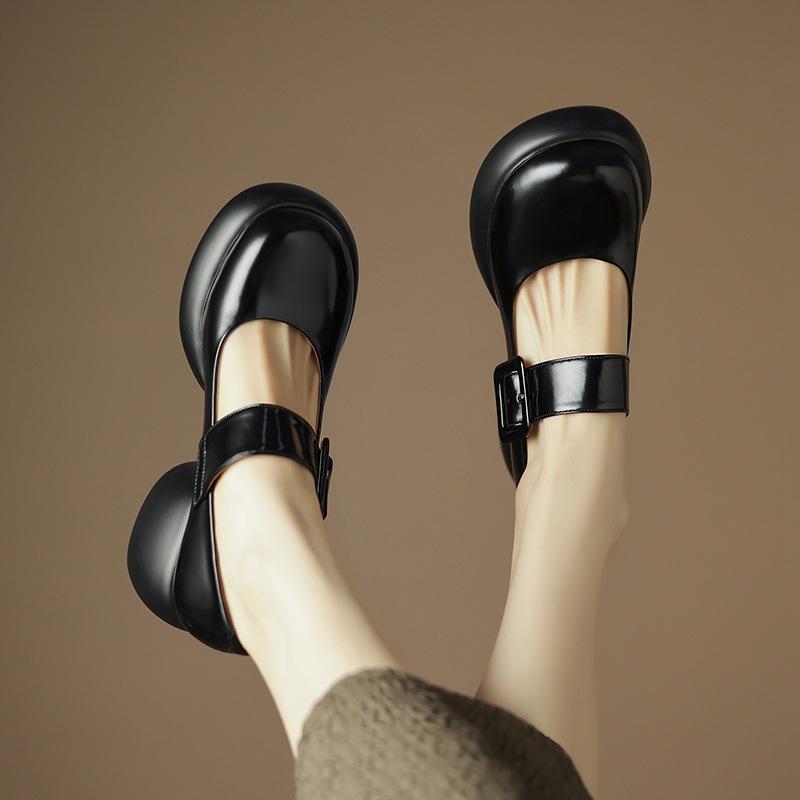 靴 マリジェーンシューズ レディース レトロ 太ヒール チャンキーヒール 厚底 プラットフォーム 浅履き ラウンドトゥ ストラップ パンプス 羊革 本革 アイボ...