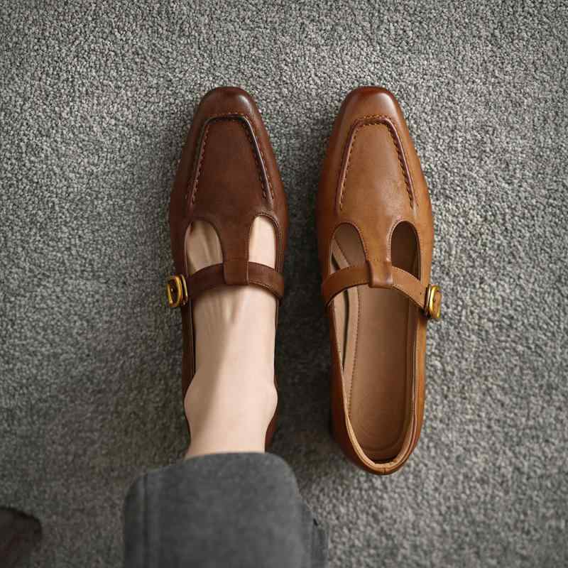 靴 パンプス レディース フレンチ レトロ ヴィンテージ 太ヒール ミドルヒール Tストラップ バックル メリージェーン 本革 羊革 牛革 切り替え 豚革 ラウンドトゥ 普段使い 通勤 オフィス ブラウン ベージュ 無地 高級感