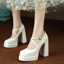 靴 パンプス レディース メリージェーン 厚底 太ヒール 12cmヒール ストラップ スクエアトゥ 浅履き 本革 春秋 アイボリー ブラック 韓国ファッション ...