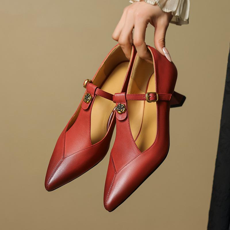 靴 パンプス レディース 山茶花 Tストラップ メリージェーン 5cm 太ヒール スクエアトゥ 浅口 レトロ 本革 牛革 黒 赤 茶 普段使い デイリー 通勤 オフィス