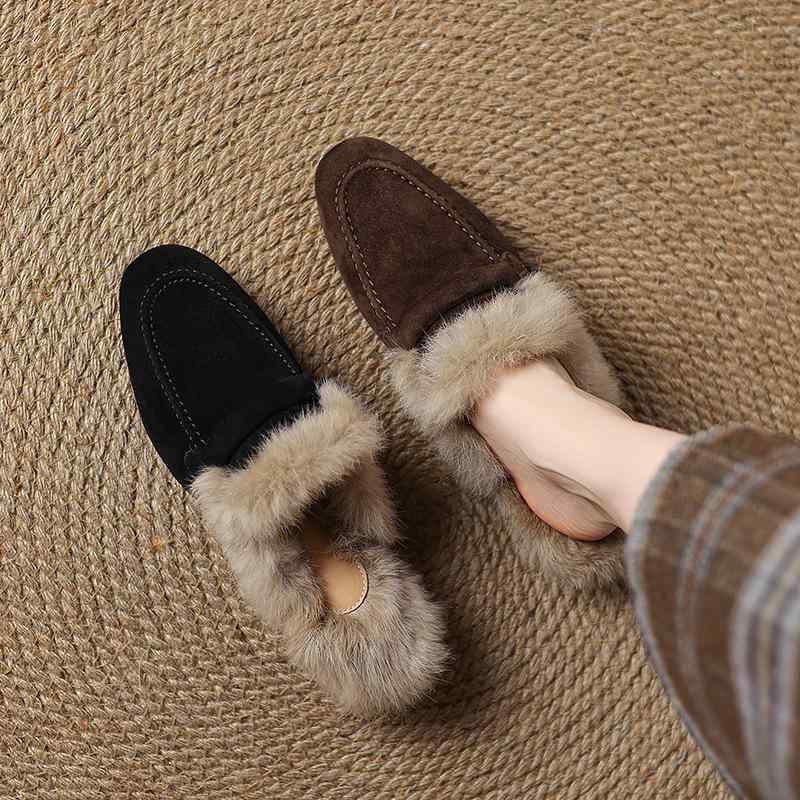 靴 シューズ レディース ミュール 裏起毛 羊革スエード ラビットファー ミドルヒール 太ヒール クロー..