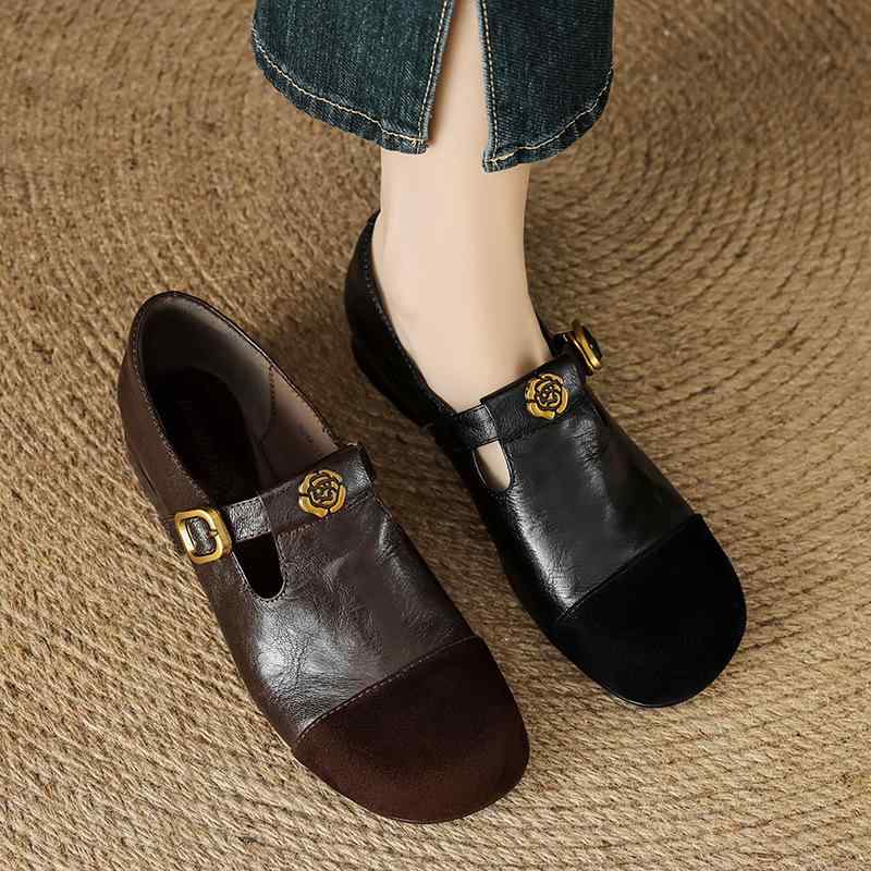 靴 メリージェーン レディース Tストラップ カメリアモチーフバックル 切り替えデザイン フラットヒール 羊革 裏ボア ラウンドトゥ カジュアル レトロ 普段使い 秋冬