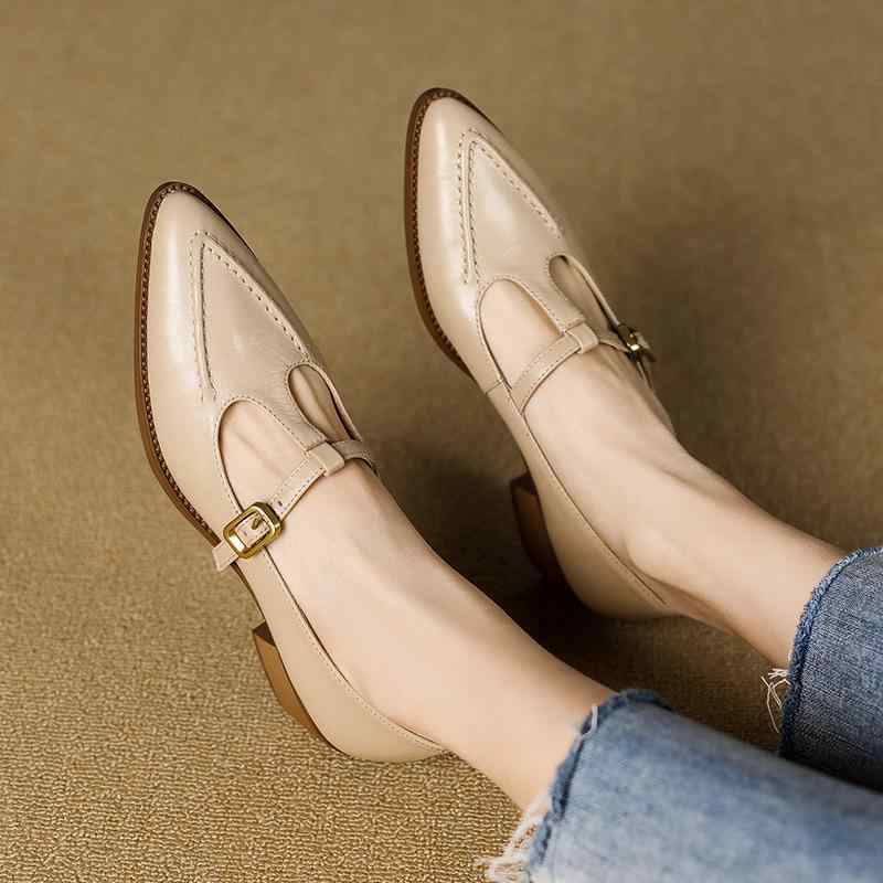 靴 パンプス レディース 羊革 本革 ポインテッドトゥ Tストラップ メリージェーン 太ヒール ミドルヒール クラシカル アカデミー風 普段使い 通勤 オフィス アイボリー ベージュ