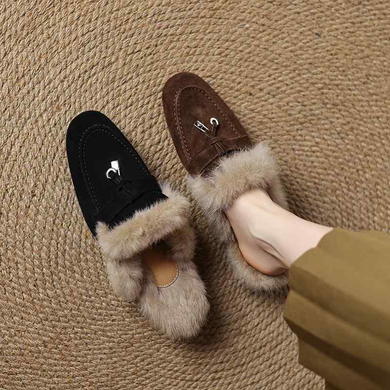 靴 ミュール レディース シープスキン スエード ラビットファー 裏ボア あったか 防寒 秋冬 クローズト..