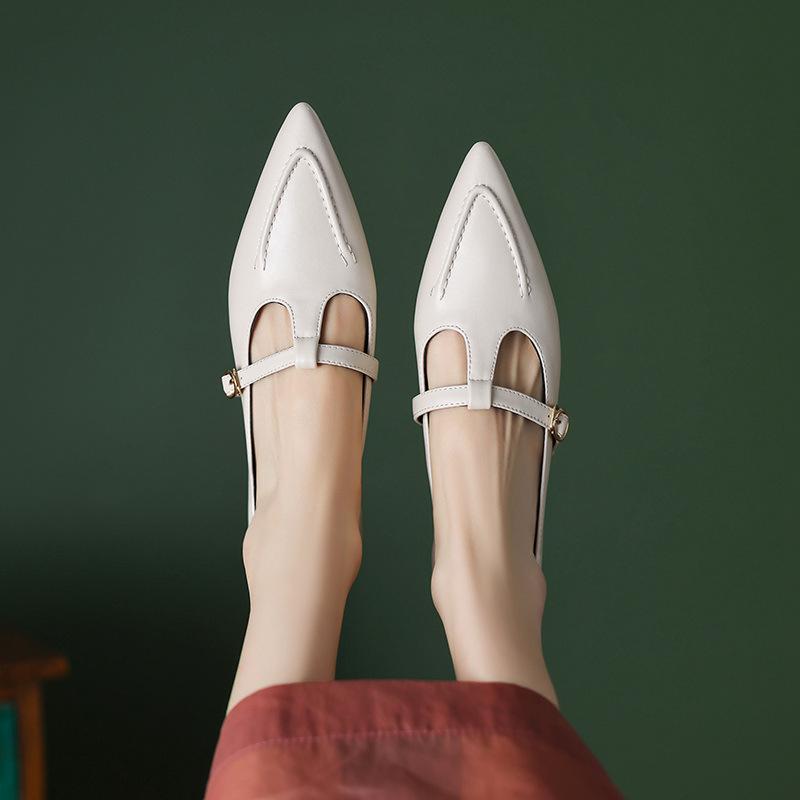 靴 Tストラップシューズ レディース レトロ クラシック ポインテッドトゥ フラット PUレザー バックルストラップ 韓国風 きれいめ デイリー ブラック アイボリー