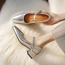 靴 メリージェーン レディース 女性用 スクエアトゥ 太ヒール パンプス ワンストラップ ミドルヒール ローカット 大きいサイズ 合成皮革 シルバー オフホワイ...