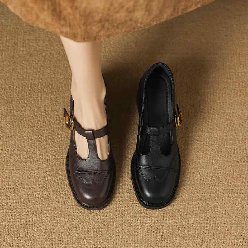 靴 メリージェーン レディース スクールスタイル ラウンドトゥ Tストラップ 牛革 本革 太ヒール 高めヒール パンプス クラシック レトロ オフィス 通勤 通学 ブラック ブラウン