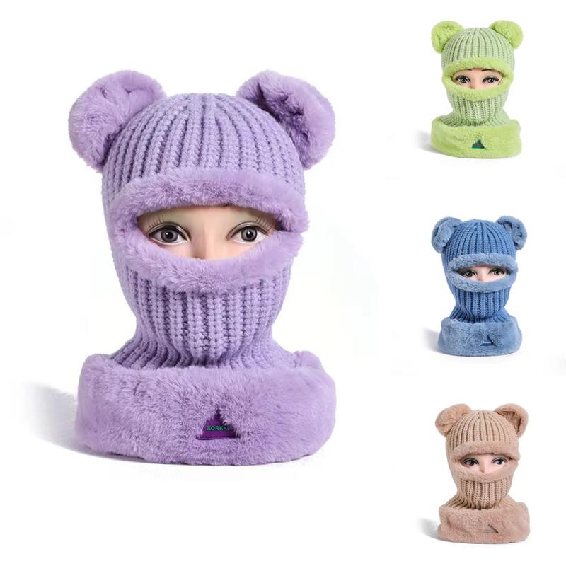 楽天花りぼんニット帽 レディース ネックウォーマー一体型 くま耳 かわいい 裏起毛 厚手 コットン 防寒 防風 保温 あったか 小顔効果 ゆったり カジュアル 秋冬 アウトドア（x2）