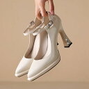 靴 パンプス レディース ホワイト ポインテッドトゥ 浅め口 ローカット ハイヒール メリージェーン レトロ クラシック ストラップ 太ヒール 牛革 本革 無地...