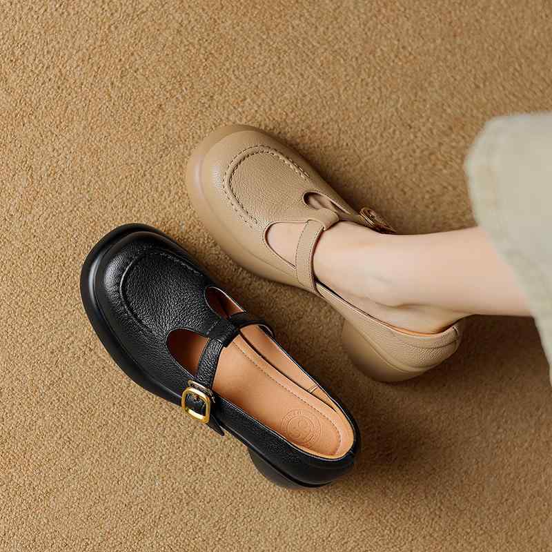 靴 パンプス レディース メリージェーン Tストラップ 厚底 太ヒール チャンキーヒール 浅口 ラウンドトゥ 牛革 本革 豚革 レトロ 普段使い 通勤 ブラック アプリコット