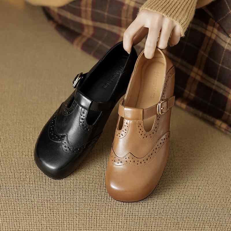 靴 パンプス レディース メリージェーン T字ストラップ ラウンドトゥ ローヒール 2cm 浅口 レトロ クラシック 本革 牛革 羊革 普段使い オフィス ブラック アプリコット