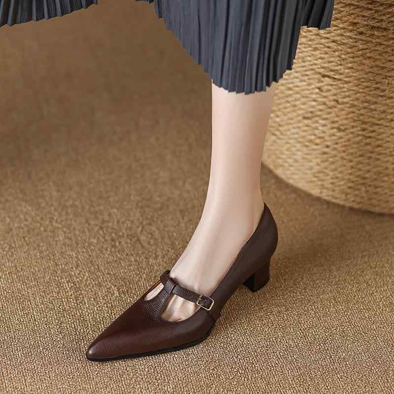 靴 メリージェーン パンプス レディース ポインテッドトゥ 太ヒール Tストラップ 本革 牛革 ミドルヒール レトロ クラシック 浅履き 普段使い オフィス 通勤 フォーマル カジュアル ブラック カーキ ブラウン ラバーソール 豚革インソール