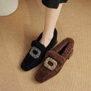 靴 パンプス レディース スクエアトゥ 羊革スエード ラインストーン ビジュー 裏ボア フェイクファー 太ヒール チャンキーヒール ミドルヒール 秋冬春 スクエ...