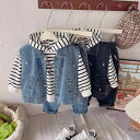 キッズ 男の子 デニム ベスト セットアップ 3点セット 春秋物 韓国風 カジュアル フード付き 長袖 Tシャツ 長ズボン 綿 コットン ストライプ柄 ロゴ 0-5歳 幼児服 普段使い 通園 お出かけ ジレ