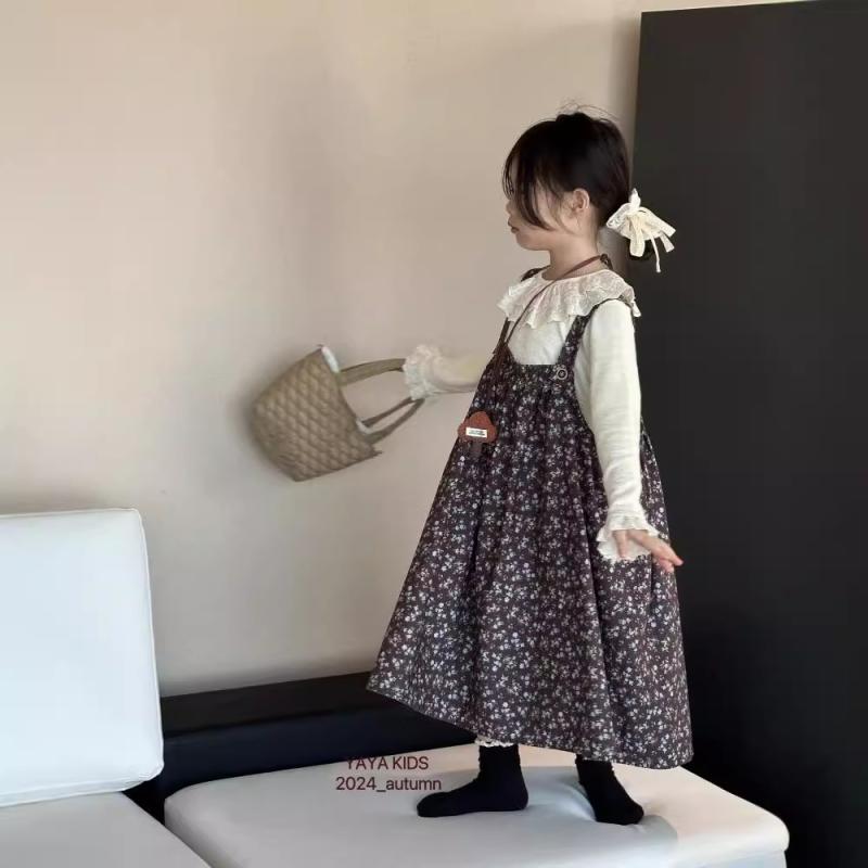 ジャンパースカート キッズ 女の子 韓国風 レトロ 小花柄 ゆったり ルーズシルエット 吊りタイプ 綿素..