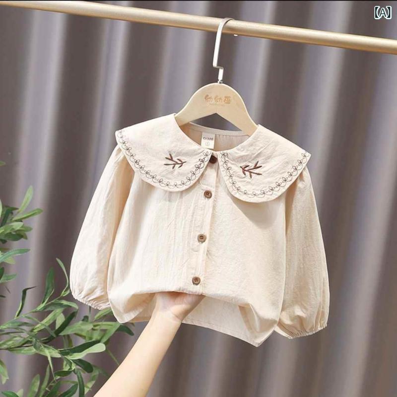 シャツ 女の子 キッズ 子供用 春秋 韓国ファッション 刺繍 ドールカラー 丸襟 長袖 コットン 綿 柔らか..