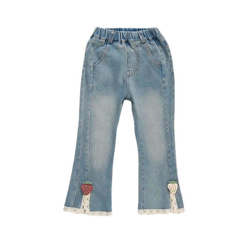 デニムパンツ 女の子 ベビー キッズ 春秋 個性的 トレンド 韓国風 レース フリル いちご柄 フレアシル..