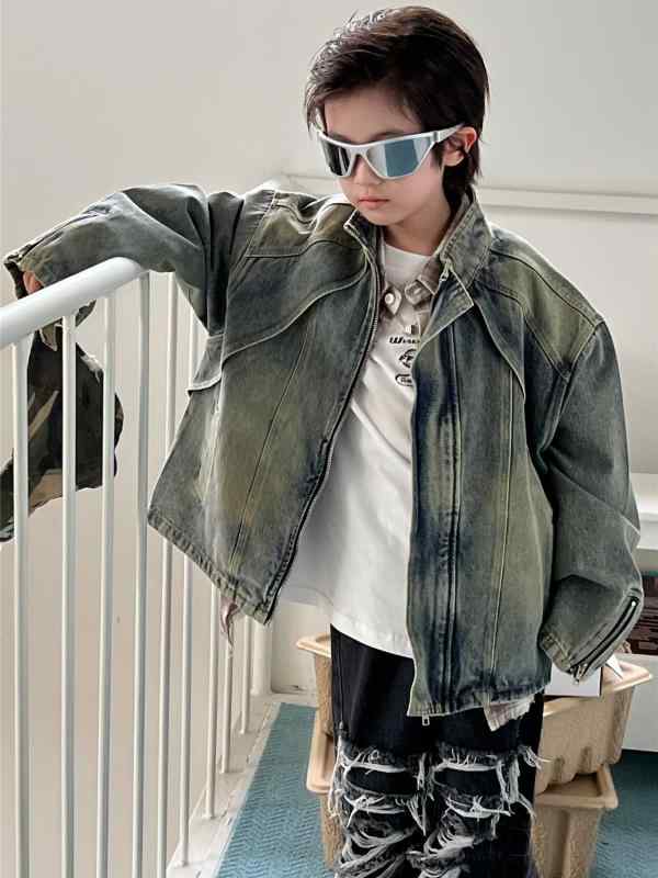 デニムジャケット キッズ 男の子 女の子 男女兼用 Gジャン ジップアップ レトロ ロックテイスト カジュ..