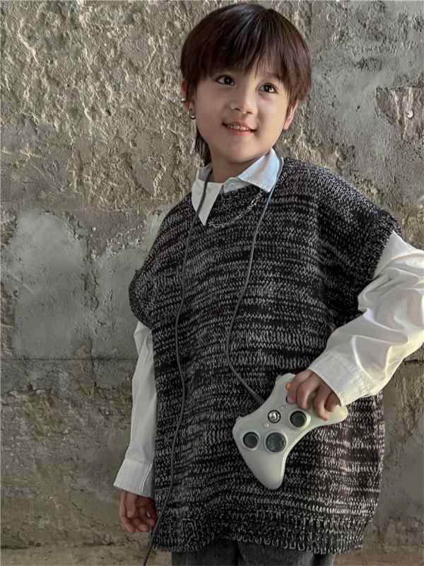ニットベスト キッズ ベビー 男女兼用 秋冬 韓国風 トレンド 綿混紡 アクリル クルーネック モノトーン..