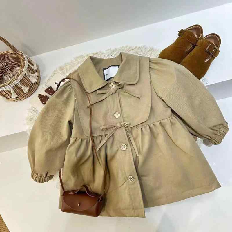 コート 女の子 キッズ トレンチコート 英国風 ブリティッシュスタイル おしゃれ アウター スプリングコート ミドル丈 春秋 綿混紡 カーキ 普段使い 通学 かわいい