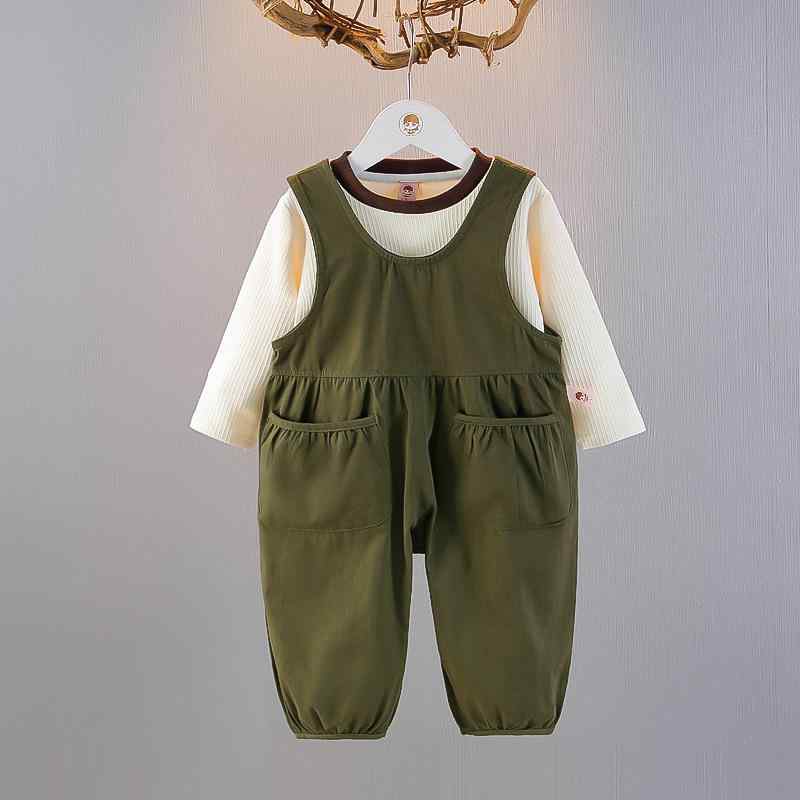 子供服 女の子 ベビー ガールズ 長袖 トップス ジャンパースカート サロペットスカート 2点セット セットアップ カジュアル お出かけ 普段着 春秋 コットン 無地 グリーン